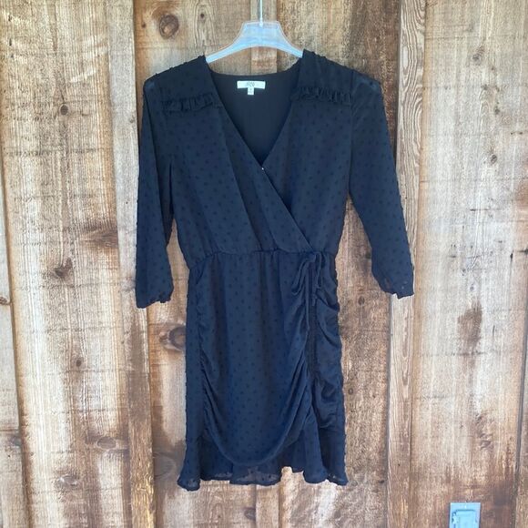 Q&A V-neck Wrap Ruched Clip Textured- Swiss Dot Mini Ruffle Dress in Black - Picture 2 of 11